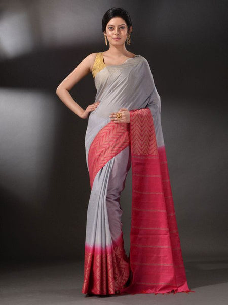 Handloom Multi Dye Bhagalpuri Semi Tussar Silk Saree with Blouse Piece (Troit_Grey & Poppy_Pink) - View 2