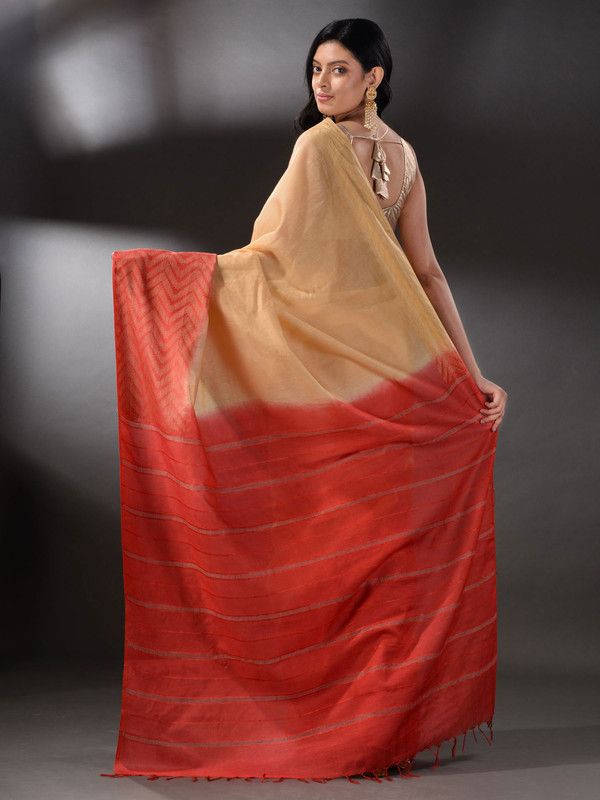 Two Dye Handloom Semi Tussar Silk Bhagalpuri Saree (Muddy_Beige & Terry_Red) - View 4