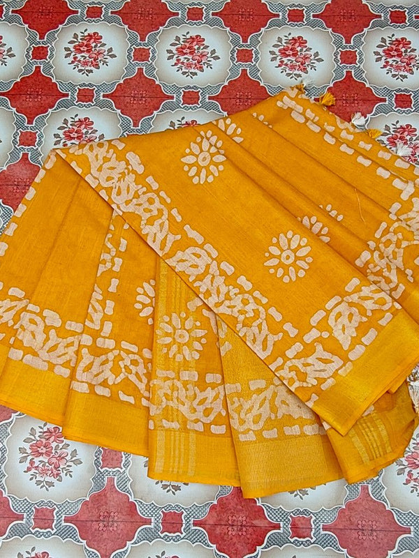 Linen Cotton Blend Handloom Batik Print Saree (GLBR_Gold-Gamboge_Yellow) - View 8