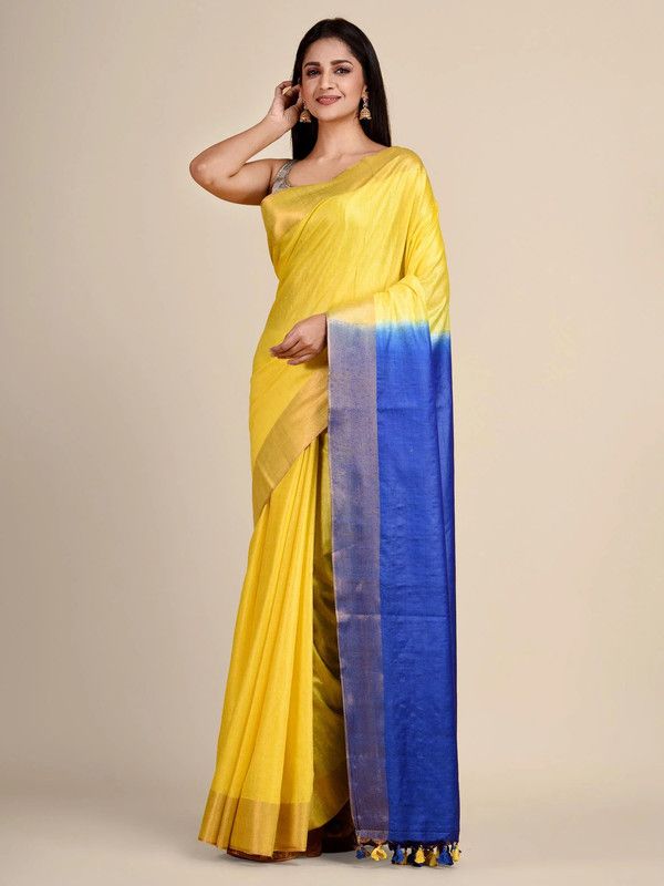 Bhaglpuri Handloom Tussar Silk Munga Blend Canary Yellow & Bayie Blue Saree for women's - View 2