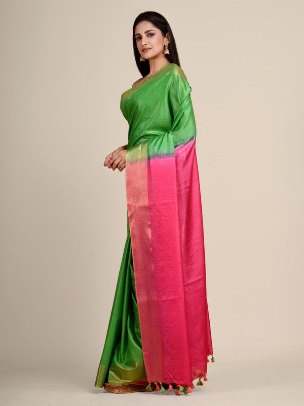 Handloom Tussar Munga Silk Two Dye Handloom Blend Saree (Kelly_Green & Cerise_Pink) - View 2