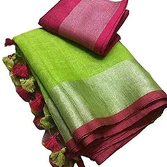 Parrot Green-Pink women's Handloom Bhagalpuri Linen Cotton Blend Saree Ethnic Wear With Contrast Unstitched Blouse Piece - View 2