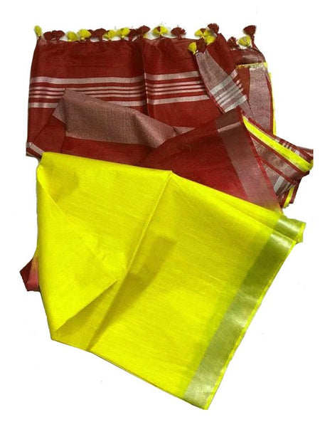 Maroon & Lemon Yellow Bhagalpuri women's Ethnic Wear Handloom Linen Cotton Blend Zari Border Two Dye Saree With Running Unstitched Blouse Piece