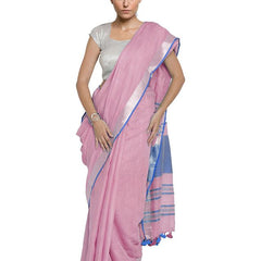 Fairy Tale Pink-Cyan women's Bhagalpuri Handloom Cotton Linen Blend Contrast Pallu Saree And Unstitched Contrast Blouse Piece