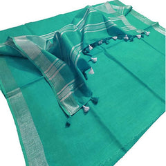 Aquamarine Turquoise women's Bhagalpuri Linen Saree With Blouse Piece - View 3