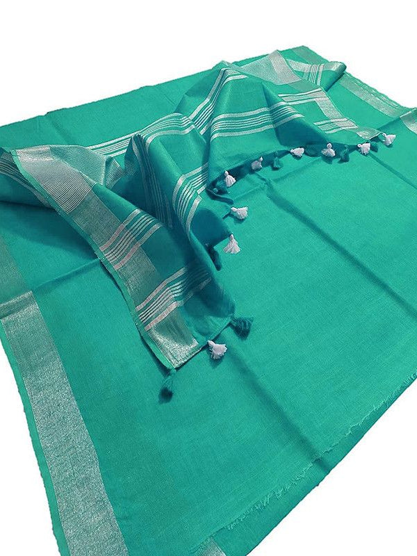 Aquamarine Turquoise women's Bhagalpuri Linen Saree With Blouse Piece - View 3