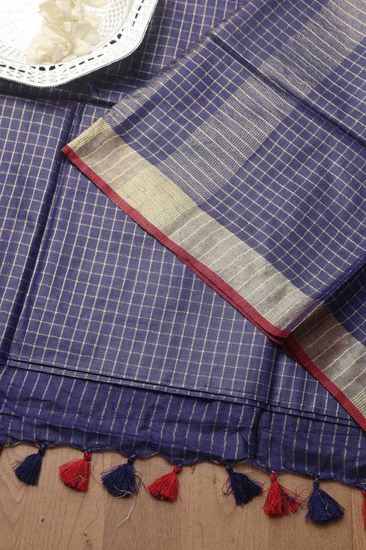 Cotton Linen Handloom Bhagalpuri Check Saree with Contrast Blouse Piece - View 6
