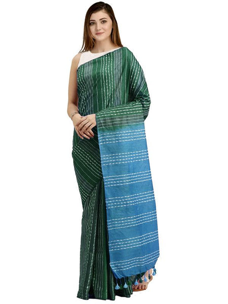 Hooker's Green & Cyan women's Kota Art Silk Saree With Blouse Piece