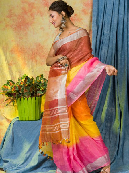 Multi Color Dye Handloom Linen Bhagalpuri Saree for women's - View 2