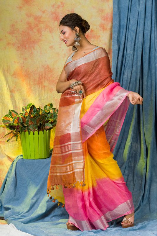 Multi Color Dye Handloom Linen Bhagalpuri Saree for women's - View 2