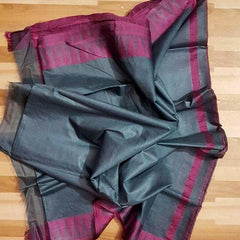 Semi Tussar Silk Handloom Temple Border Bhagalpuri Saree (100186 Grey-Pink)