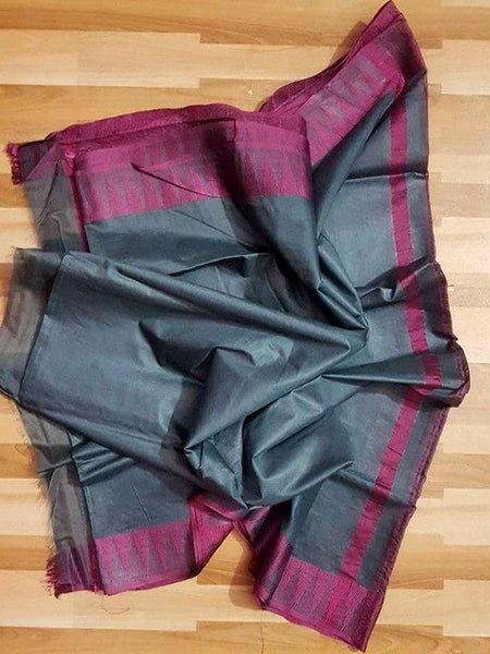 Semi Tussar Silk Handloom Temple Border Bhagalpuri Saree (100186 Grey-Pink)