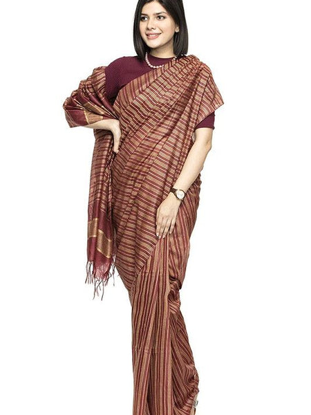 Handloom Kota Silk Striped Bhagalpuri Saree with Blouse Piece (Redwood_Brown)