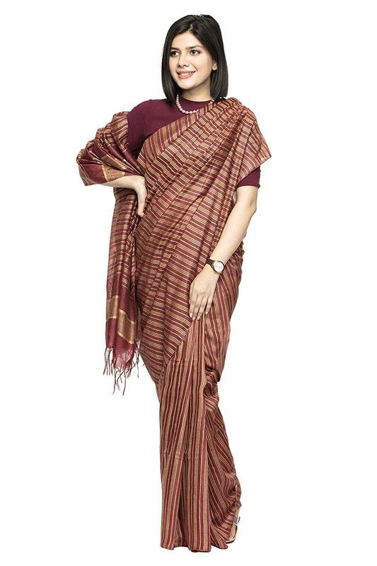 Handloom Kota Silk Striped Bhagalpuri Saree with Blouse Piece (Redwood_Brown)