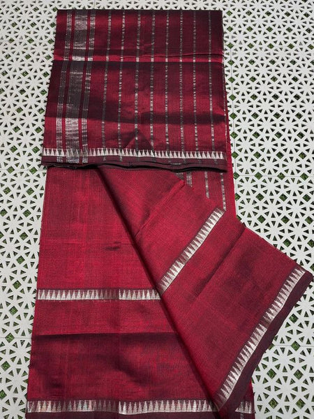 Cotton Handloom Mangalagiri Silk Saree with Temple Border (100220 Maroon_Red) - View 2