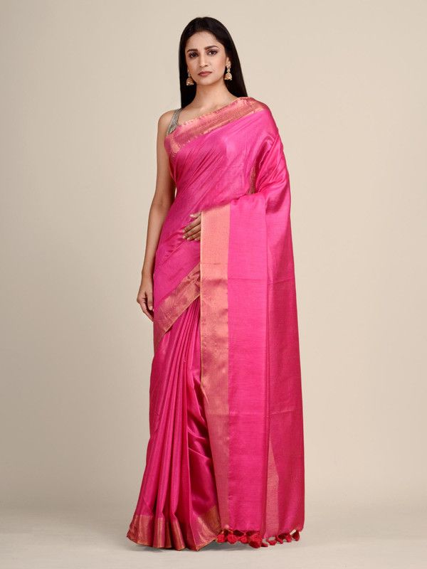 Tussar Munga Silk Handloom Zari Border Bhagalpuri Saree (Hot_Pink)