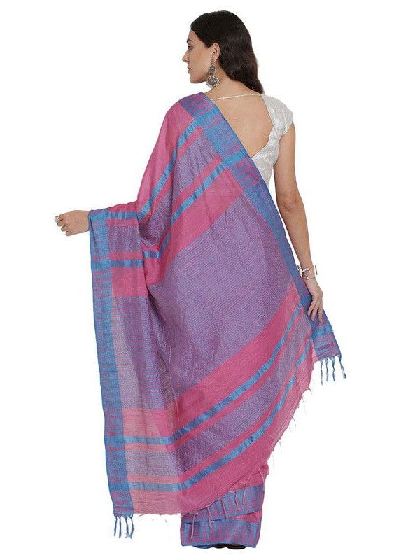 Blush Pink women's Bhagalpuri Handloom Kota Silk Temple Border Saree And Variation Of Colors With Striped Blouse Piece - View 4