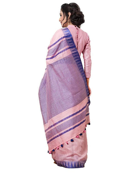 Orchid Pink women's Bhagalpuri Handloom Kota Silk Temple Border Saree And Variation Of Colors With Striped Blouse Piece - View 2