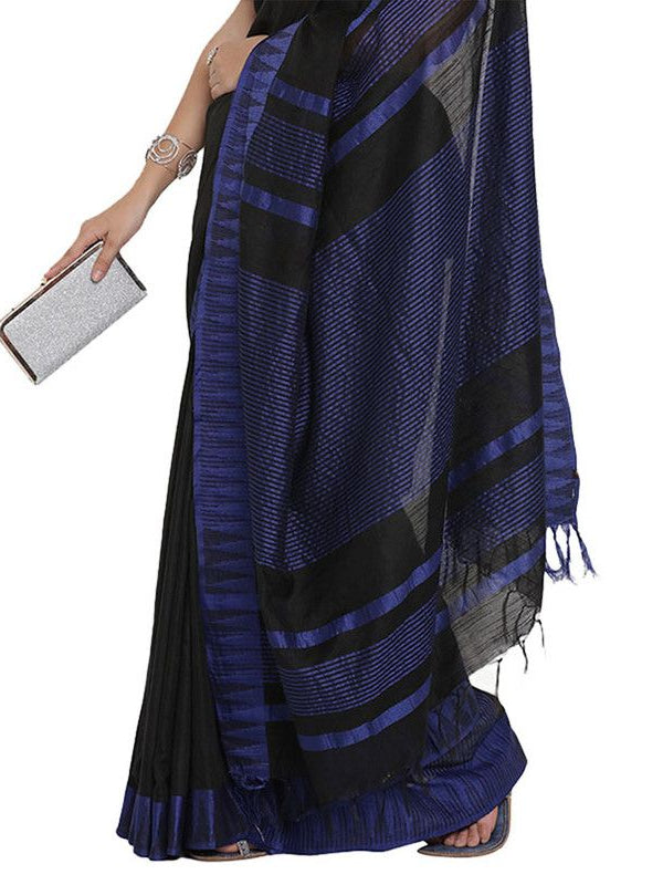 Black Bhagalpuri Handloom Kota Silk Temple Border Saree And Variation Of Colors With Striped Blouse Piece - View 5