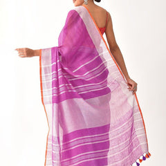Linen Cotton Blend Contrast Handloom Bhagalpuri Saree for Women (Fuchsia_Pink-Orange) - View 4