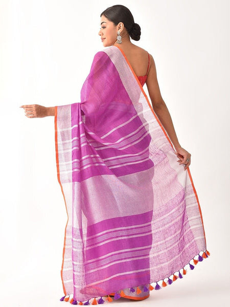 Linen Cotton Blend Contrast Handloom Bhagalpuri Saree for Women (Fuchsia_Pink-Orange) - View 4
