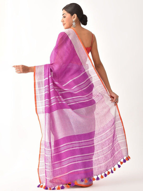 Linen Cotton Blend Contrast Handloom Bhagalpuri Saree for Women (Fuchsia_Pink-Orange) - View 4