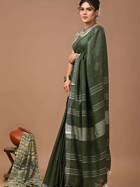 Linen Cotton Blend Handloom Bhagalpuri Saree with Zari Border (12792 Keplie_Green ) - View 2