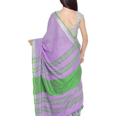 Wisteria Purple-Green women's  Bhagalpuri Handloom Cotton Linen Blend Contrast Pallu Saree And Unstitched Contrast Blouse Piece - View 4
