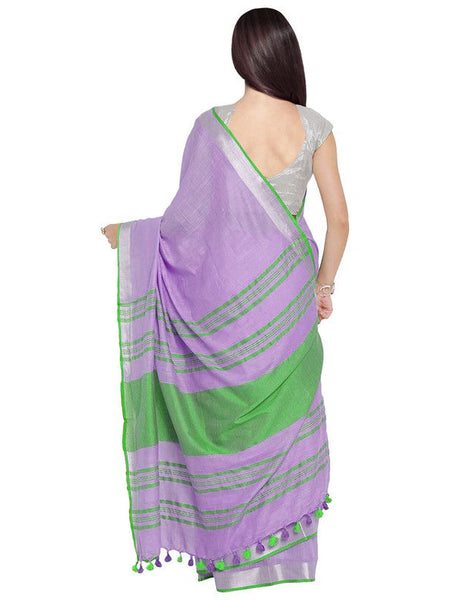 Wisteria Purple-Green women's  Bhagalpuri Handloom Cotton Linen Blend Contrast Pallu Saree And Unstitched Contrast Blouse Piece - View 4