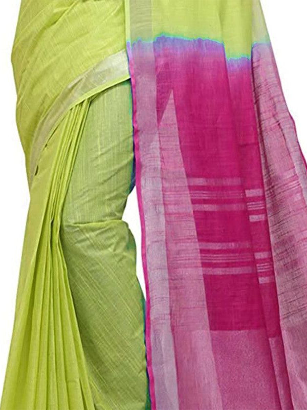 Chartreuse Green & Raspberry Pink women's Bhagalpuri Handloom Pure Cotton Two Dye Saree With Running Unstitched Blouse Piece - View 5
