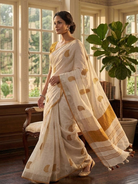 Handwoven Bhagalpuri Linen Blend Embroidered Saree With Contrast Blouse Piece(White_Orange) - View 3