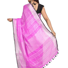 Ultra Pink women's Bhagalpuri Blend Linen Saree With Black Pipine Contrast Blouse Piece - View 3