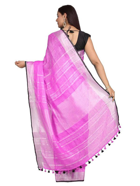 Ultra Pink women's Bhagalpuri Blend Linen Saree With Black Pipine Contrast Blouse Piece - View 3