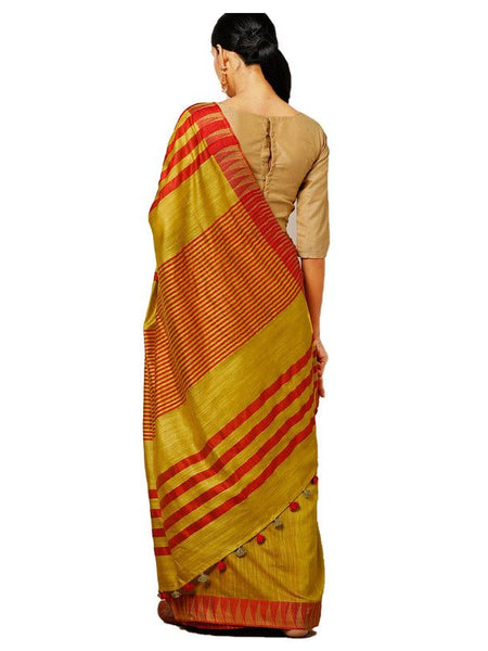 Gamboge Yellow women's Bhagalpuri Handloom Kota Silk Temple Border Saree And Variation Of Colors With Striped Blouse Piece - View 2