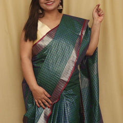 Handloom Bhagalpuri Linen Cotton Blend Contrast Check Saree - View 5