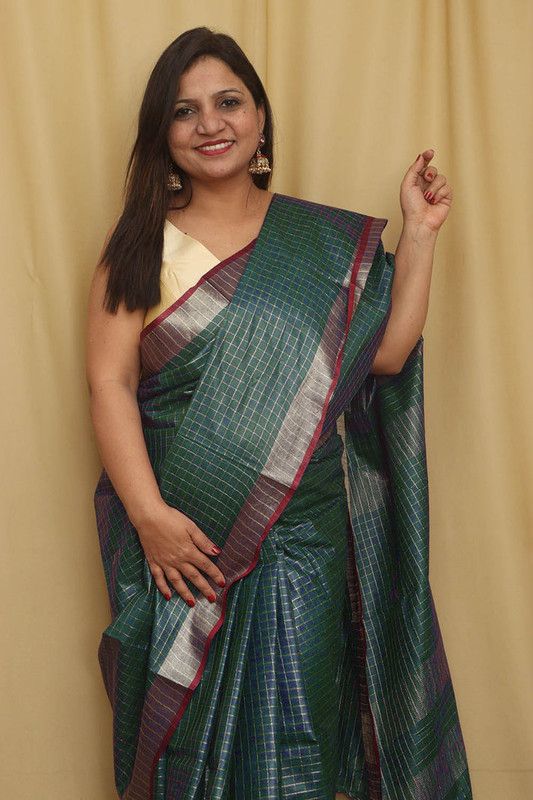 Handloom Bhagalpuri Linen Cotton Blend Contrast Check Saree - View 5