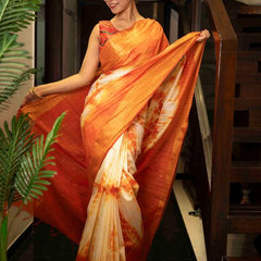 Sibory Handloom Bhagalpuri Silk Bandhani Dye Sequins Striped Saree (Yellowish_Orange) - View 4