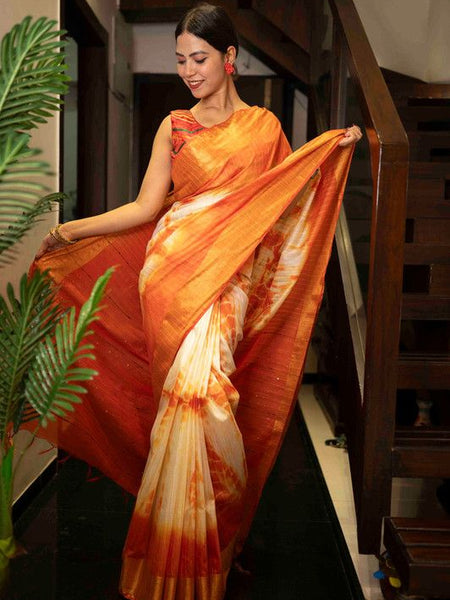 Sibory Handloom Bhagalpuri Silk Bandhani Dye Sequins Striped Saree (Yellowish_Orange) - View 4