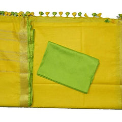 Yellow-Parrot Green-Gold women's Handloom Bhagalpuri Linen Cotton Blend Saree Ethnic Wear With Contrast Unstitched Blouse Piece - View 8