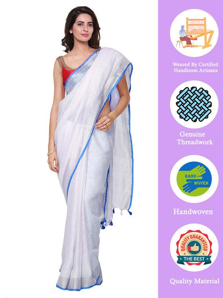 Cyan women's Bhagalpuri Handloom Linen Cotton Blend White Saree With Silver Zari Border And Contrast Unstitched Blouse Piece - View 2