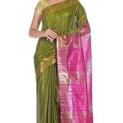 Tusasar Ghicha Bhagalpuri Silk Two Dye Saree (Sycam_Green & Hot_Pink)