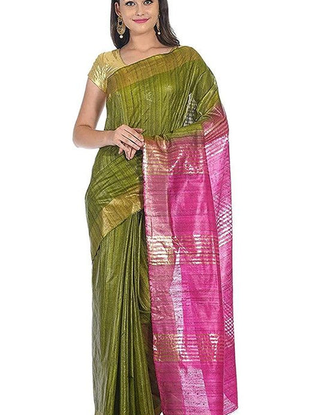 Tusasar Ghicha Bhagalpuri Silk Two Dye Saree (Sycam_Green & Hot_Pink)