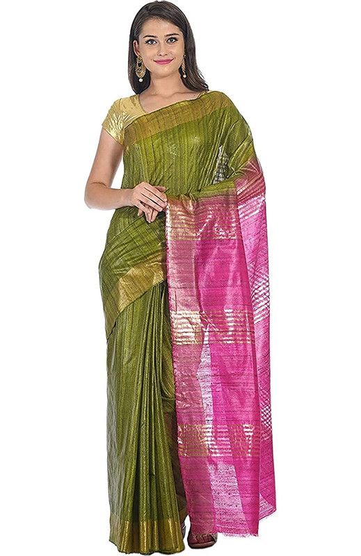 Tusasar Ghicha Bhagalpuri Silk Two Dye Saree (Sycam_Green & Hot_Pink)