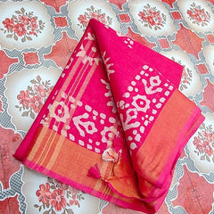 Blend Linen Cotton Handloom Batik Print Saree (GLBR_Gold-Deep_Pink) - View 5