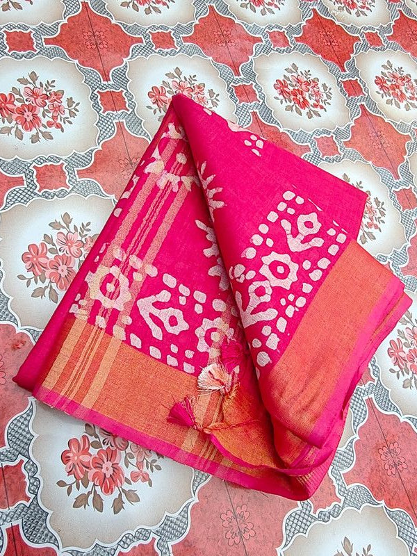 Blend Linen Cotton Handloom Batik Print Saree (GLBR_Gold-Deep_Pink) - View 5
