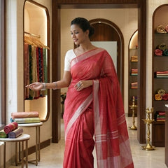 Handwoven Linen Blend Saree With Running Blouse Piece(Red)