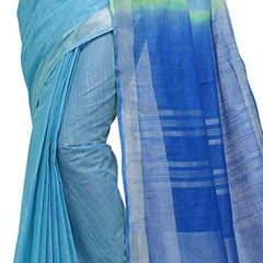 Electric Blue & Azure Cyan women's Handloom Bhagalpuri Linen Blend Two Dye Saree With Running Unstitched Blouse Piece - View 5
