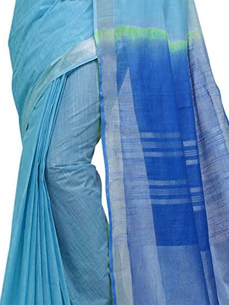 Electric Blue & Azure Cyan women's Handloom Bhagalpuri Linen Blend Two Dye Saree With Running Unstitched Blouse Piece - View 5