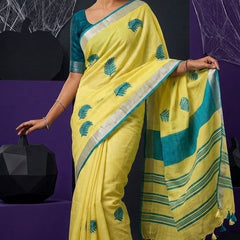Handwoven Bhagalpuri Linen Blend Embroidered Saree With Contrast Blouse Piece(Yellow_Cyan)