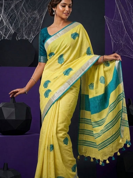 Handwoven Bhagalpuri Linen Blend Embroidered Saree With Contrast Blouse Piece(Yellow_Cyan)